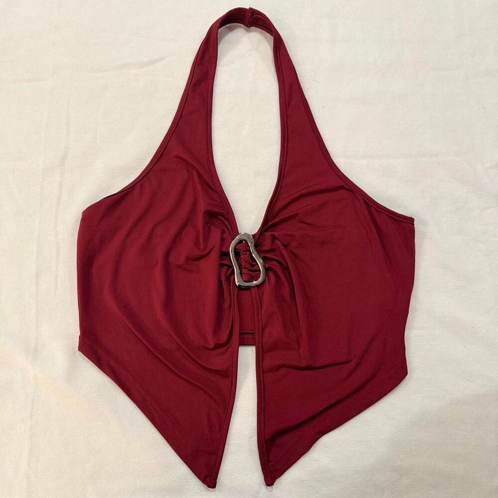 Y2K Burgundy Halter V-Neck Split Hem Handkerchief Backless Crop Top